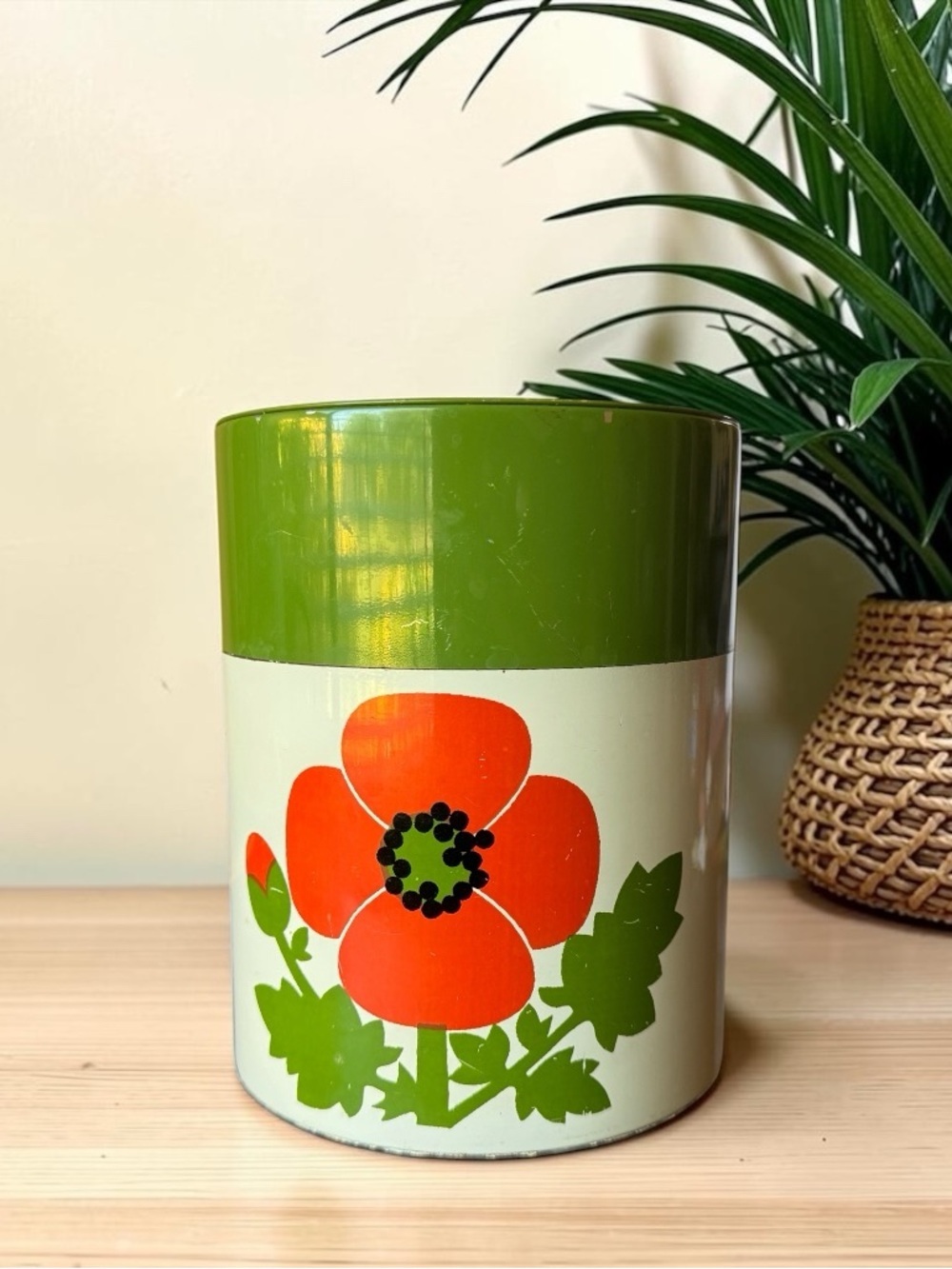 Vintage Made in Japan Floral Metal Ice Bucket Green Orange Poppy MCM